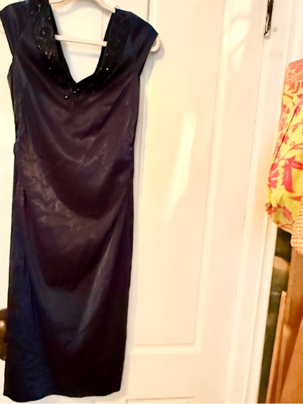 Maggy London Navy Blue Slip Dress with V-Neck Embellishment